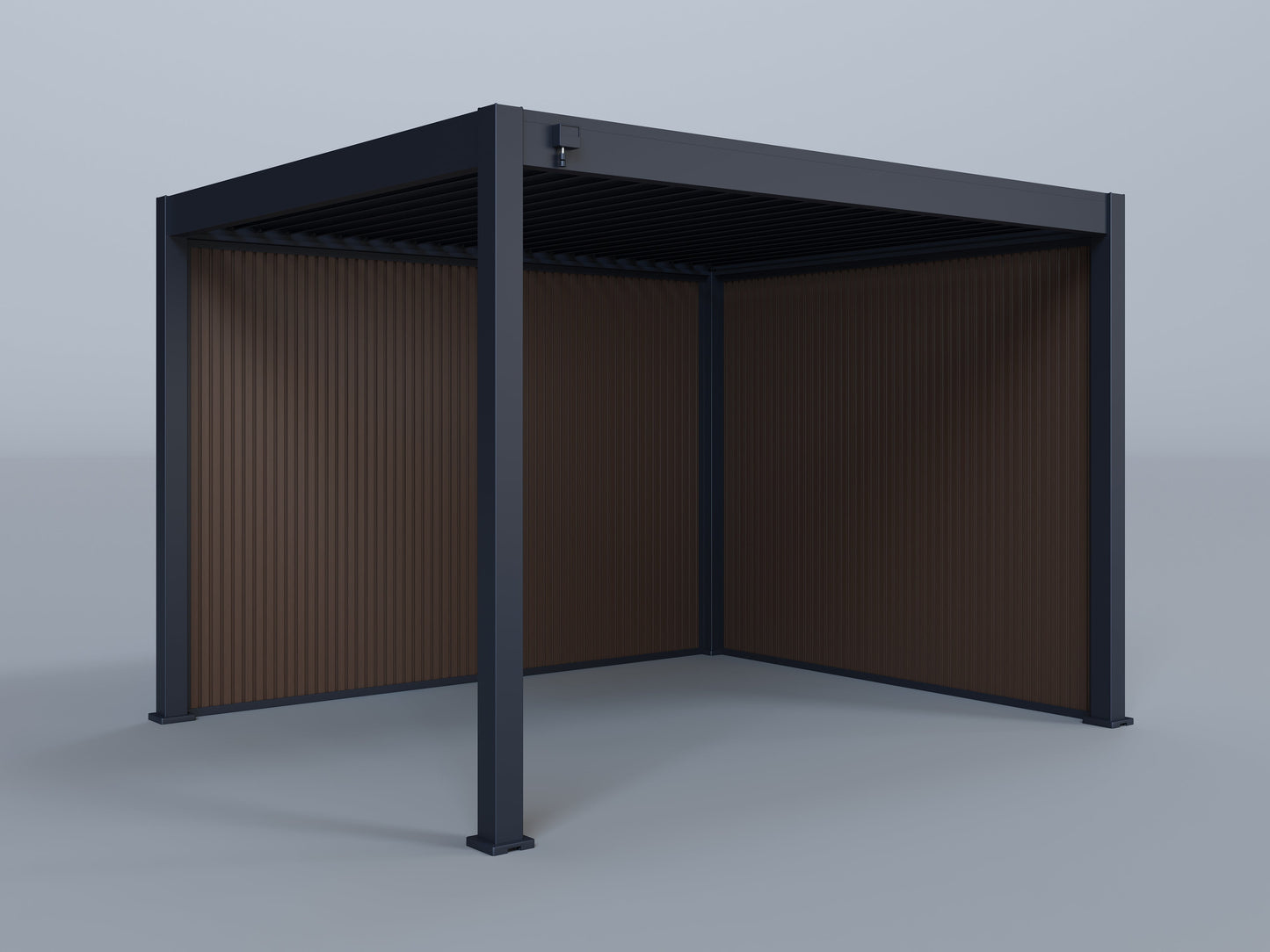 10'x12' Suprema Pergola, Slate Louver with (1) 10' and (1) 12' Teak Privacy Walls