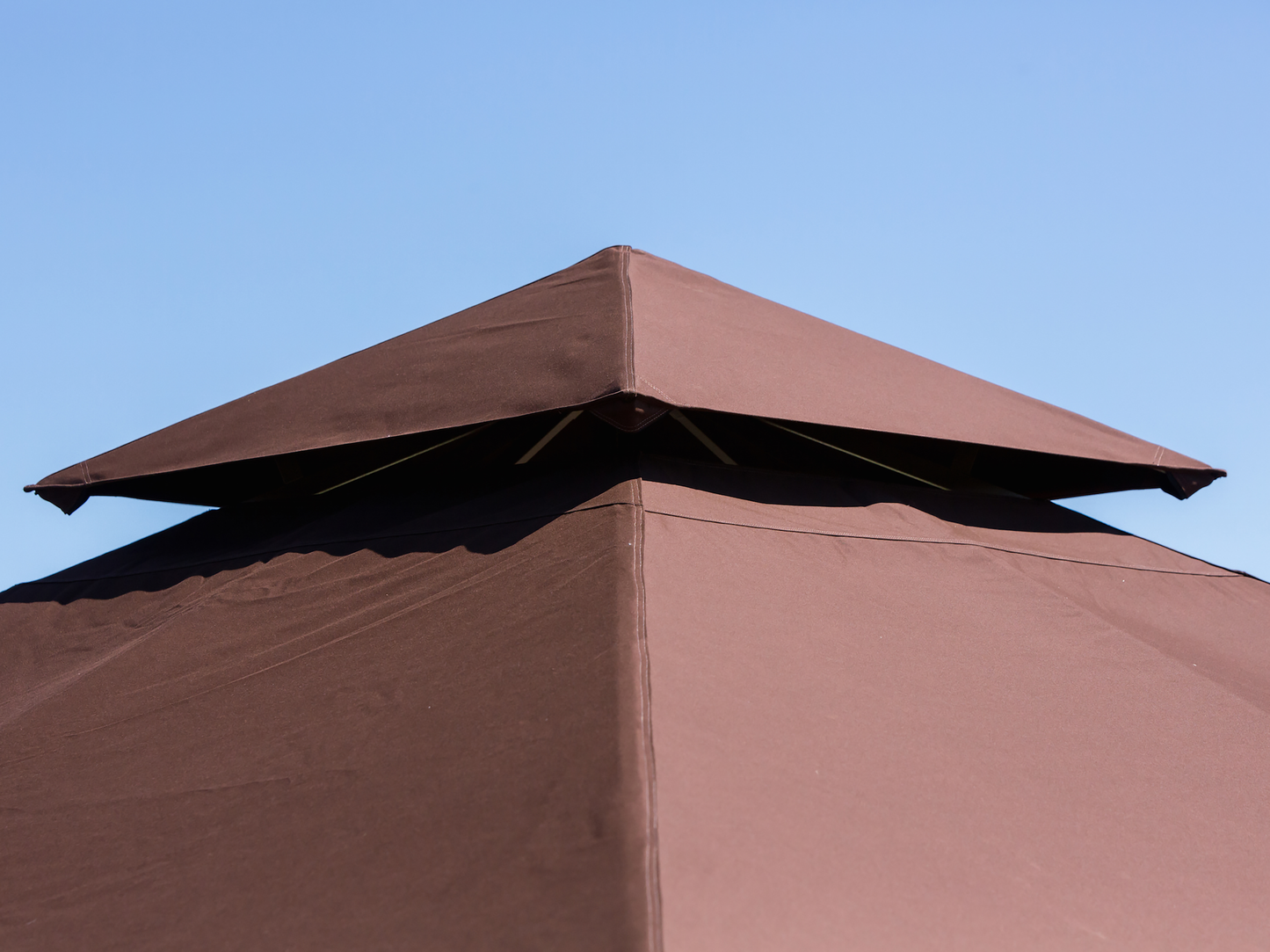 Close up of the peak of the Barcelona Soft Top Gazebo in Cocoa