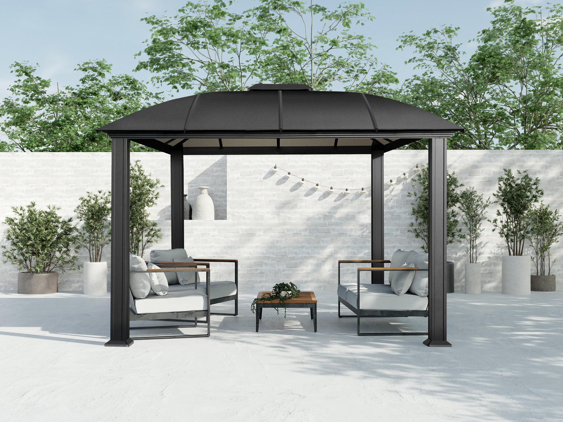 Cambridge hard top gazebo in backyard with outdoor furniture.