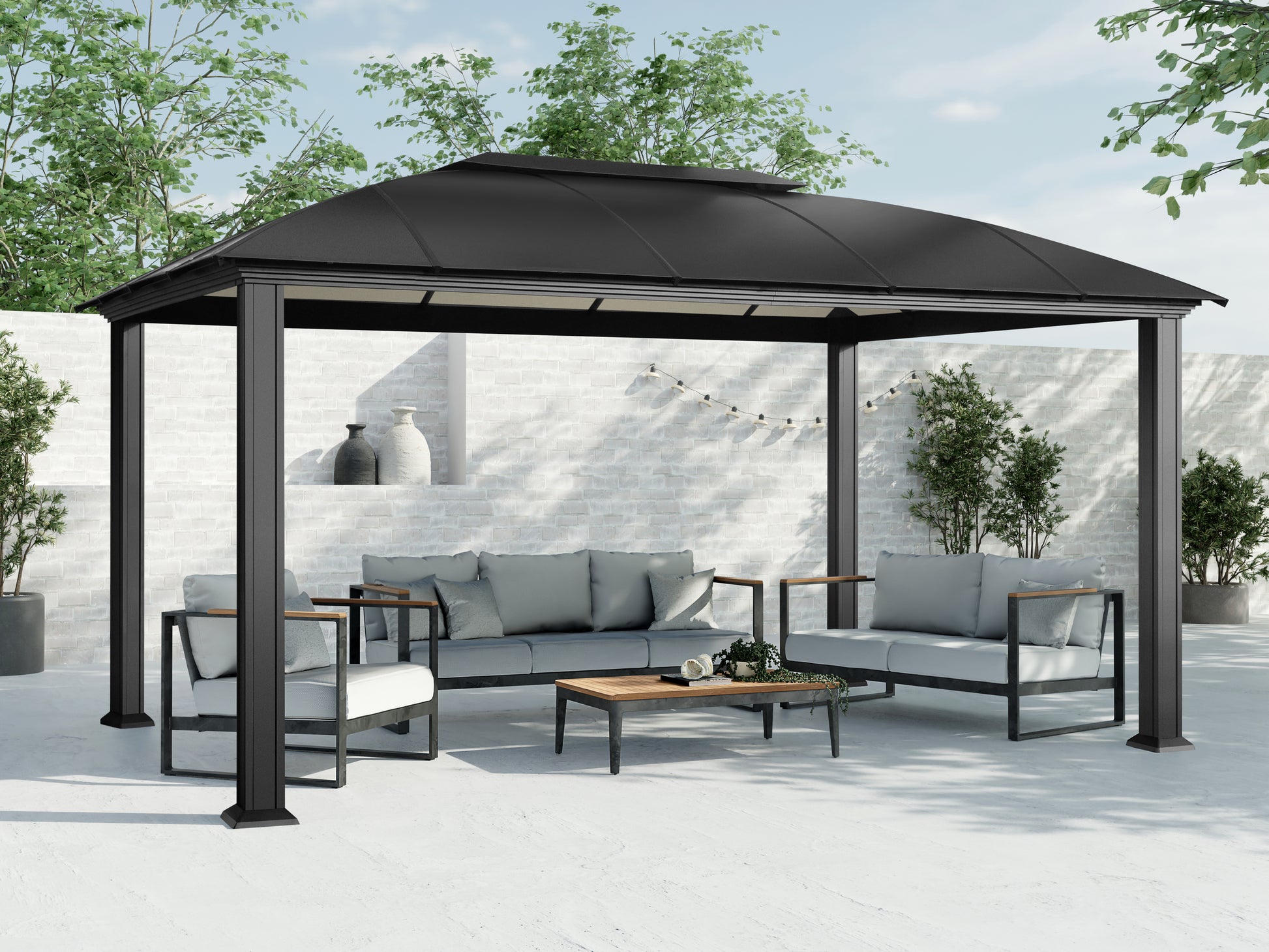 Cambridge hard top gazebo in backyard with outdoor furniture.