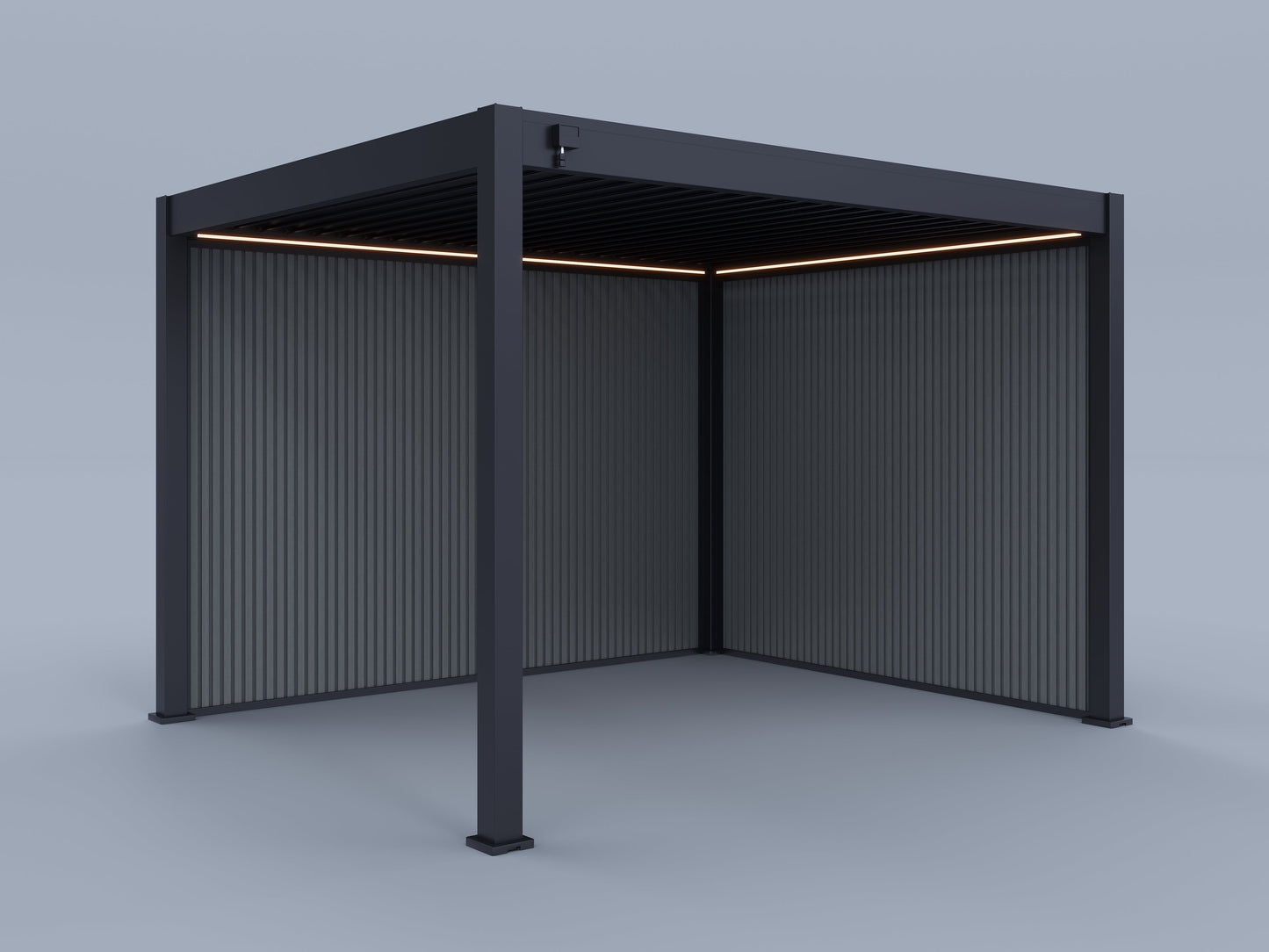 10'x12' Suprema Pergola, Slate Louver, Lighting with (1) 10' and (1) 12' Pebble Grey Privacy Walls