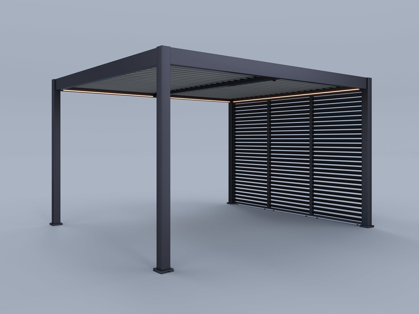 12'x14' Suprema Pergola, Light Gray Louver, Lighting with (3) 12' Fixed Horizontal Deco Panels