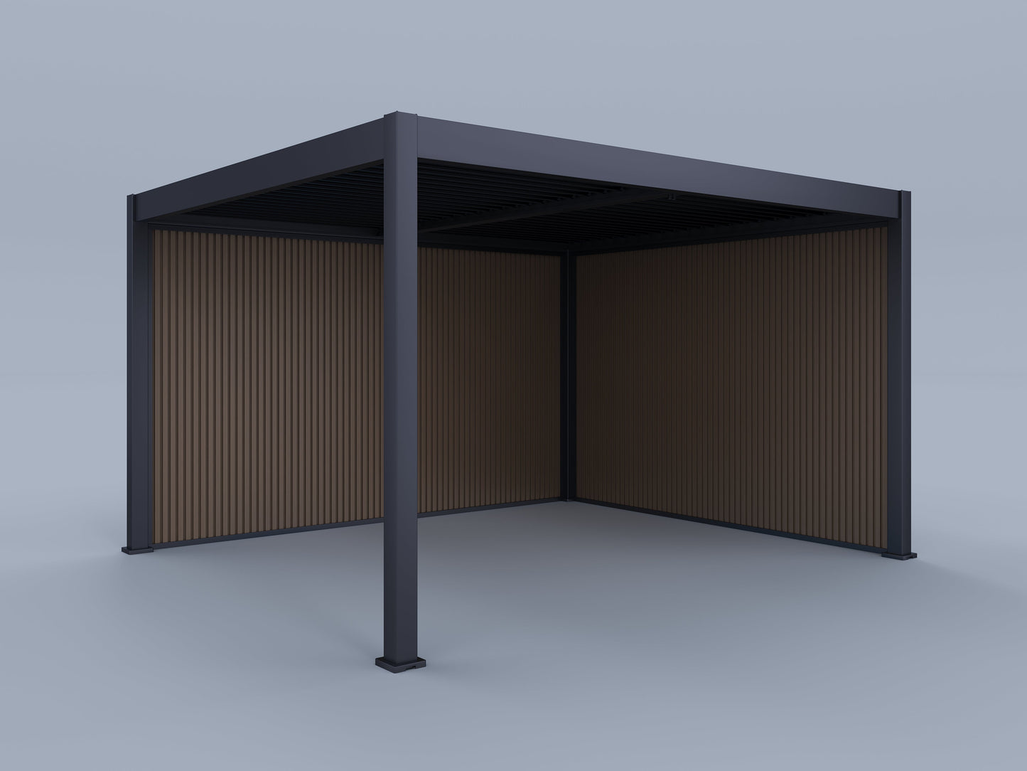 12'x14' Suprema Pergola, Slate Louver with (1) 14' and (1) 12' Teak Privacy Walls