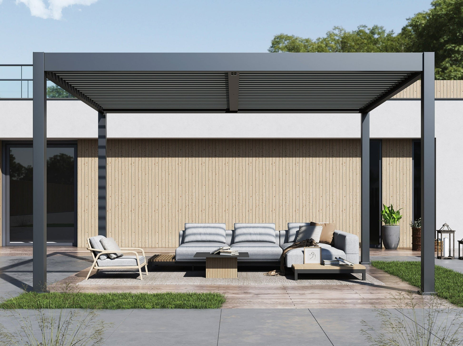 A contemporary Lugano louvered pergola made of aluminum, featuring a contemporary design with adjustable louvered roof, in a backyard setting with outdoor furniture below.