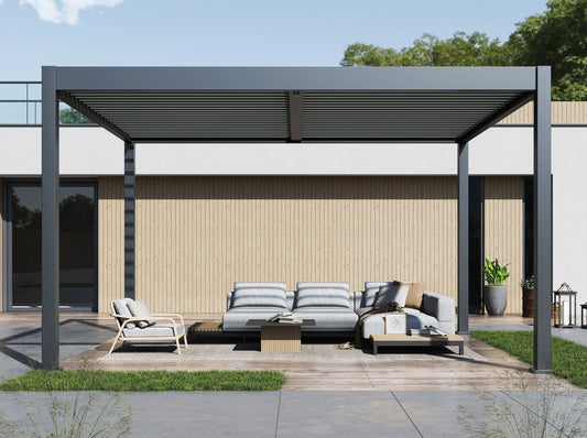 A contemporary Lugano louvered pergola made of aluminum, featuring a contemporary design with adjustable louvered roof, in a backyard setting with outdoor furniture below.