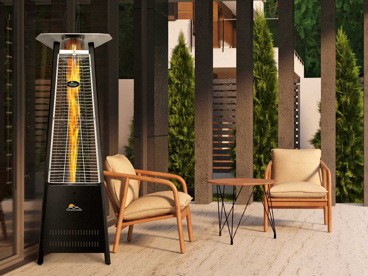 Boost Patio Heater in Hammered Black on patio during sunset.