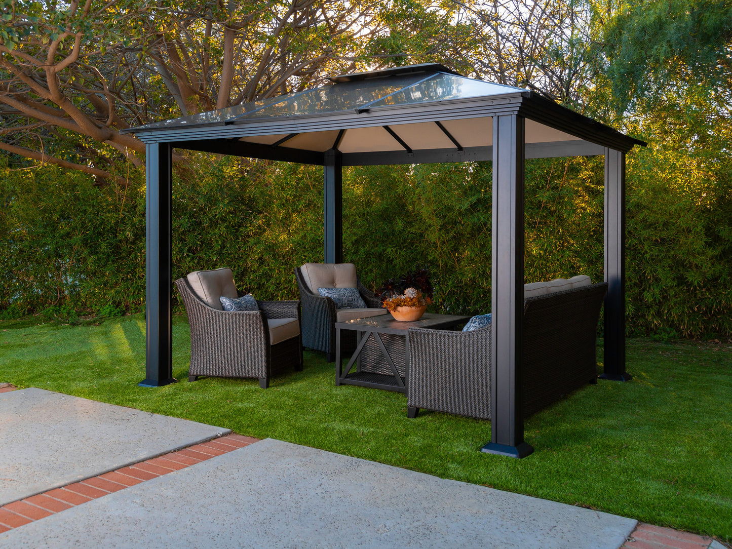 Santa Monica Gazebo in backyard with outdoor seating.