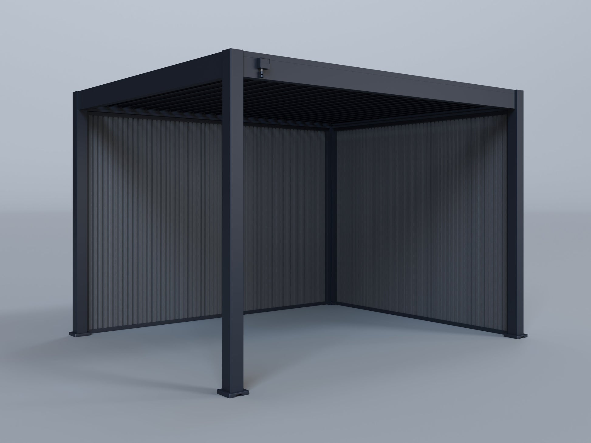 10'x12' Suprema Pergola, Slate Louver with (1) 10' and (1) 12' Pebble Grey Privacy Walls