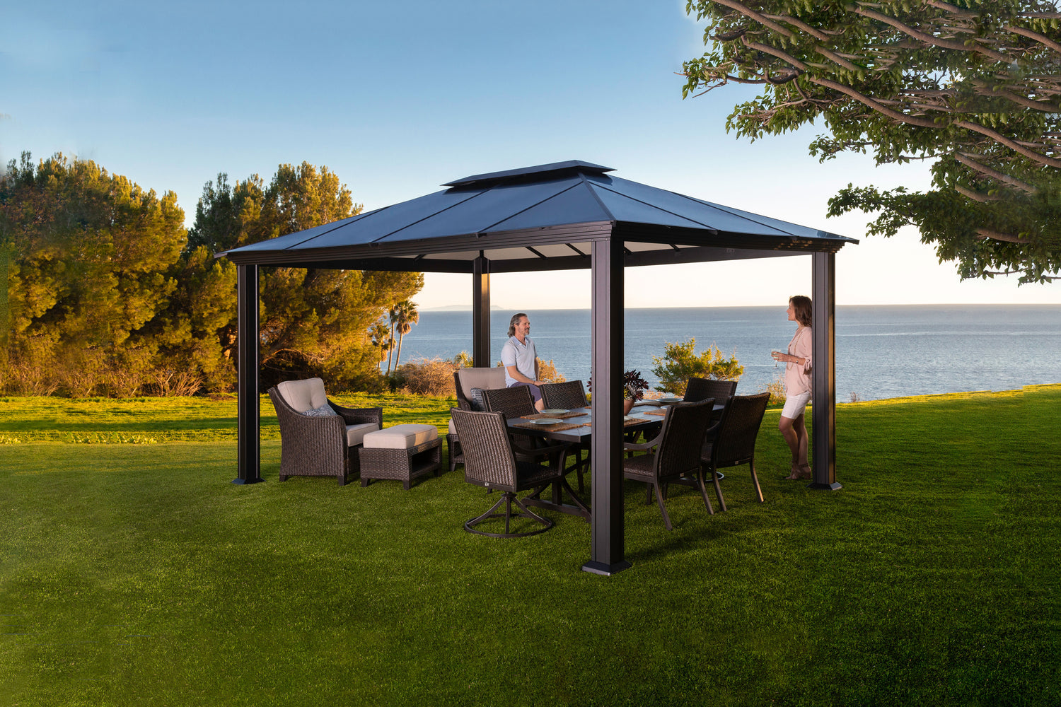 Santa Monica Hard Top Gazebo with couple standing underneath it conversing