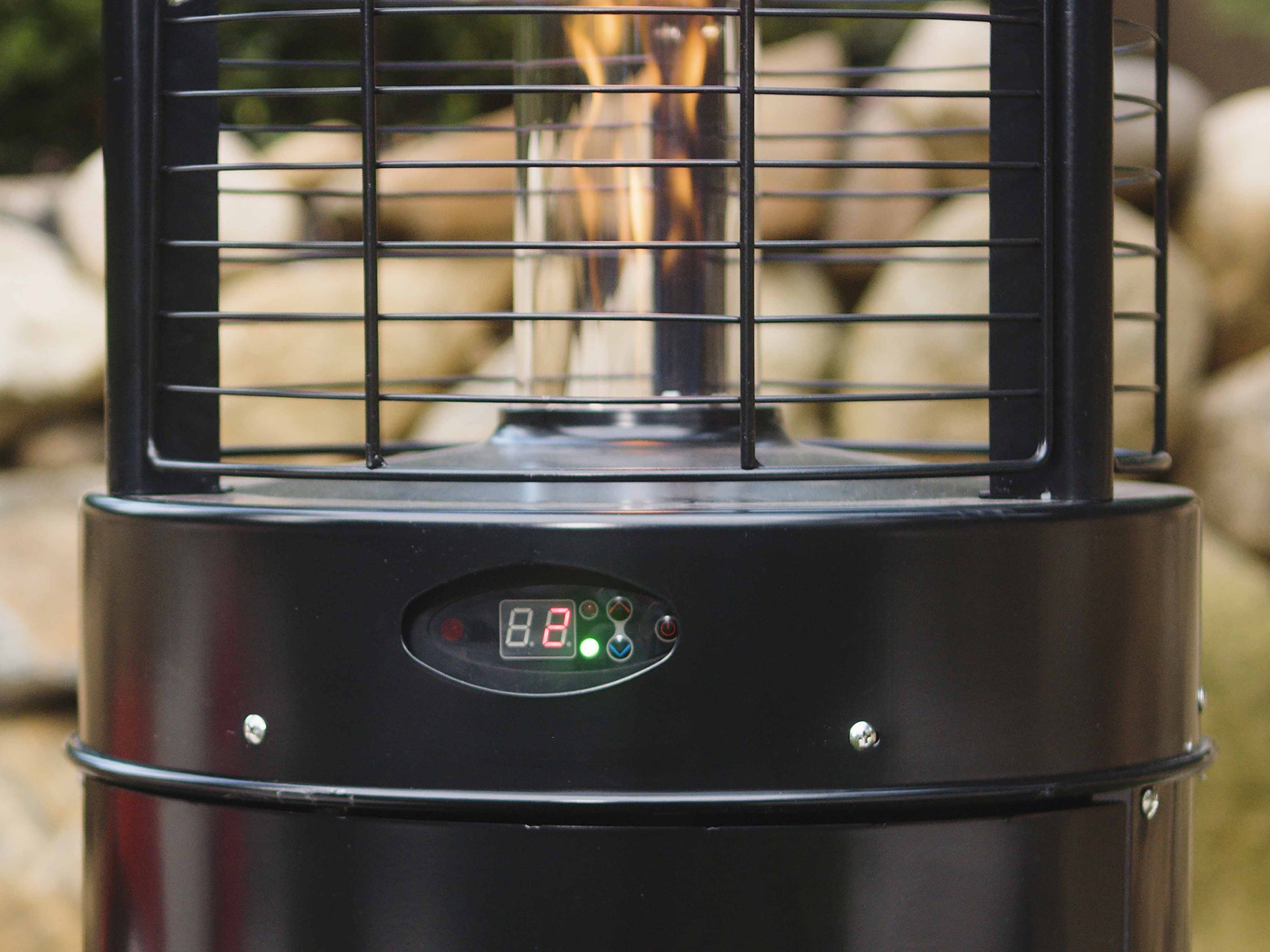 Close up of Illume Patio Heater in Black with digital control panel.