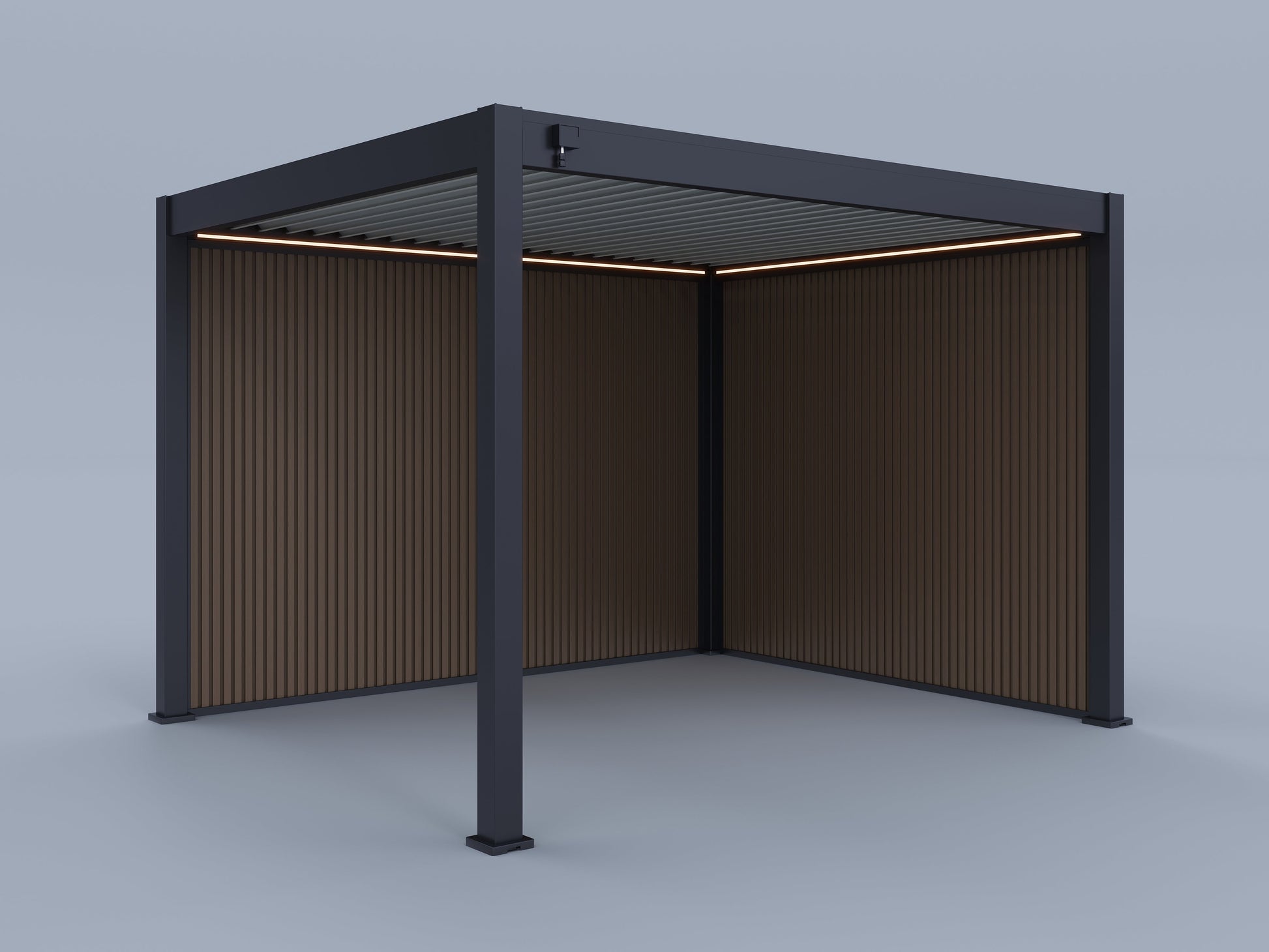 10'x12' Suprema Pergola, Light Gray Louver, Lighting with (1) 10' and (1) 12' Teak Privacy Walls