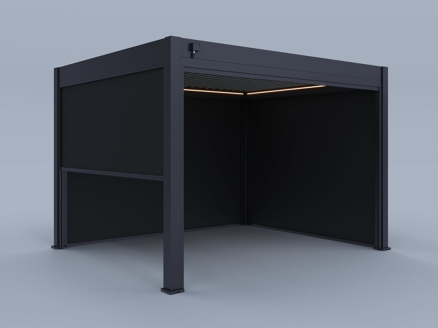 10'x12' Suprema Pergola, Light Gray Louver, Lighting with (2) 10' and (2) 12' Wind Screens