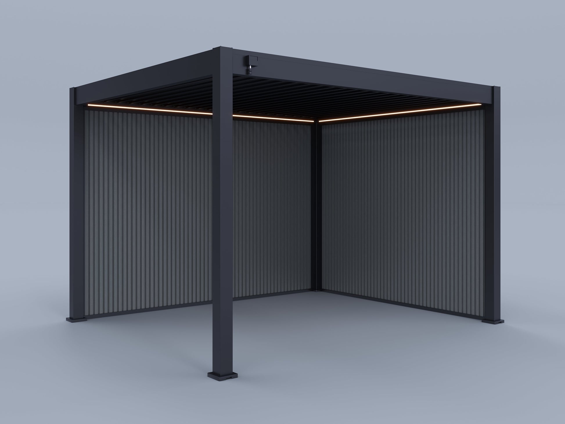 10'x12' Suprema Pergola, Slate Louver, Lighting with (1) 10' and (1) 12' Pebble Grey Privacy Walls