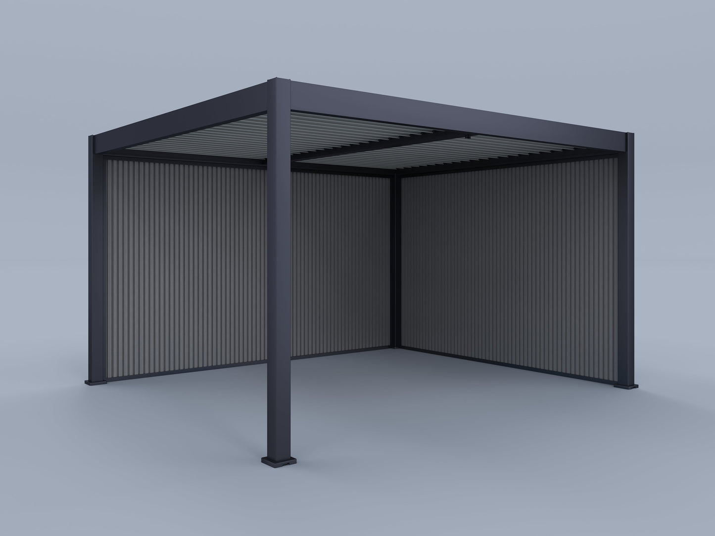 12'x14' Suprema Pergola, Light Gray Louver with (1) 14' and (1) 12' Pebble Grey Privacy Walls