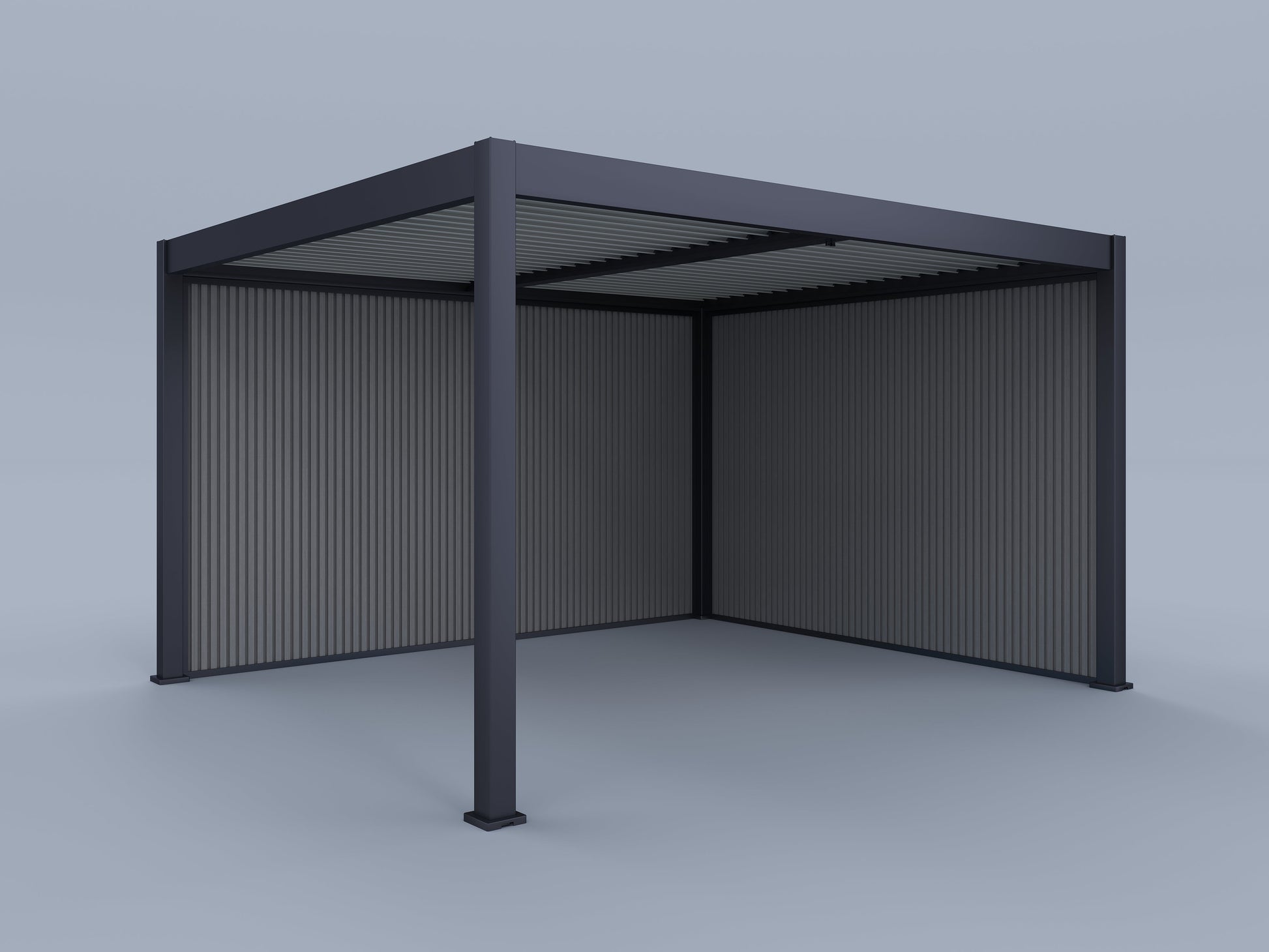 12'x14' Suprema Pergola, Light Gray Louver with (1) 14' and (1) 12' Pebble Grey Privacy Walls
