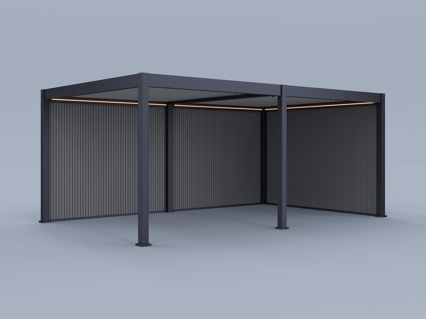 12'X20' Suprema Pergola, Light Gray Louver, Lighting with (2) 20' and (1) 12' Pebble Grey Privacy Walls
