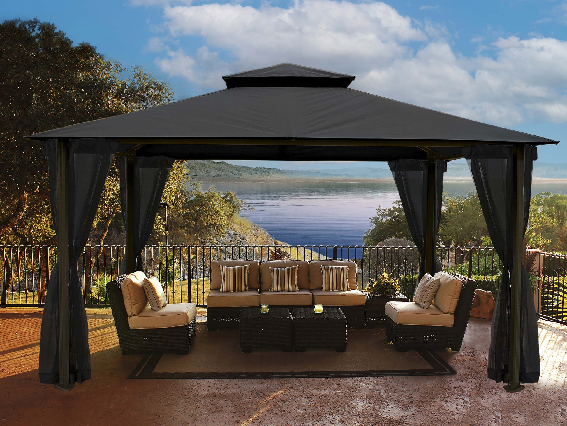 Barcelona 10'x12' Soft Top Gazebo with Mosquito Netting Privacy Curt
