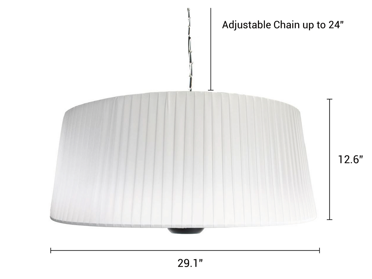 Glow Pendent Heater with dimensions, 12.6" Tall, 29.1" Wide with 24" adjustable chain