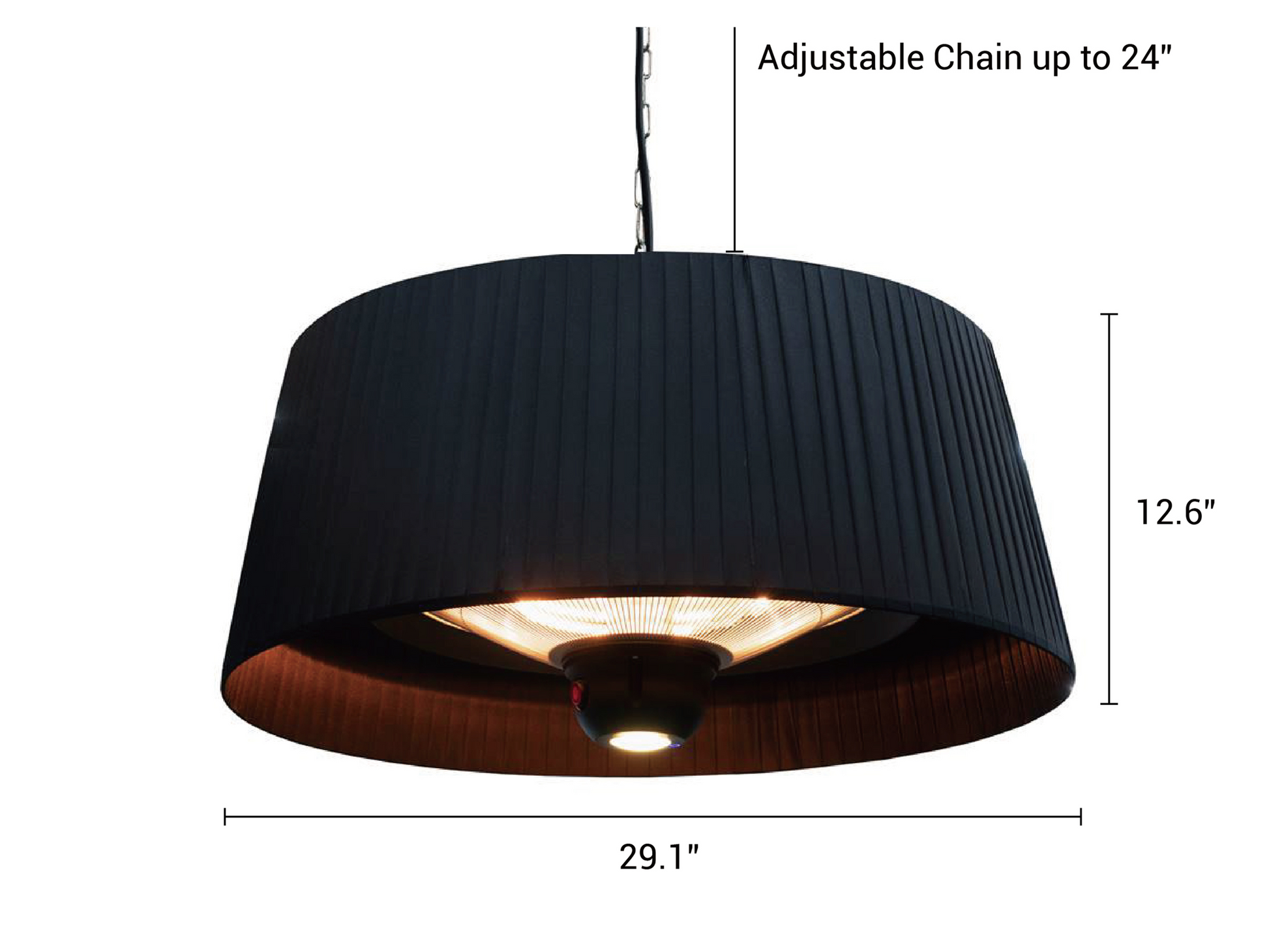 Glow Pendent Heater with dimensions, 12.6" Tall, 29.1" Wide with 24" adjustable chain