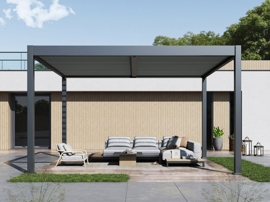Lugano 12'x14' Louvered Pergola in minimalist backyard with outdoor furniture.