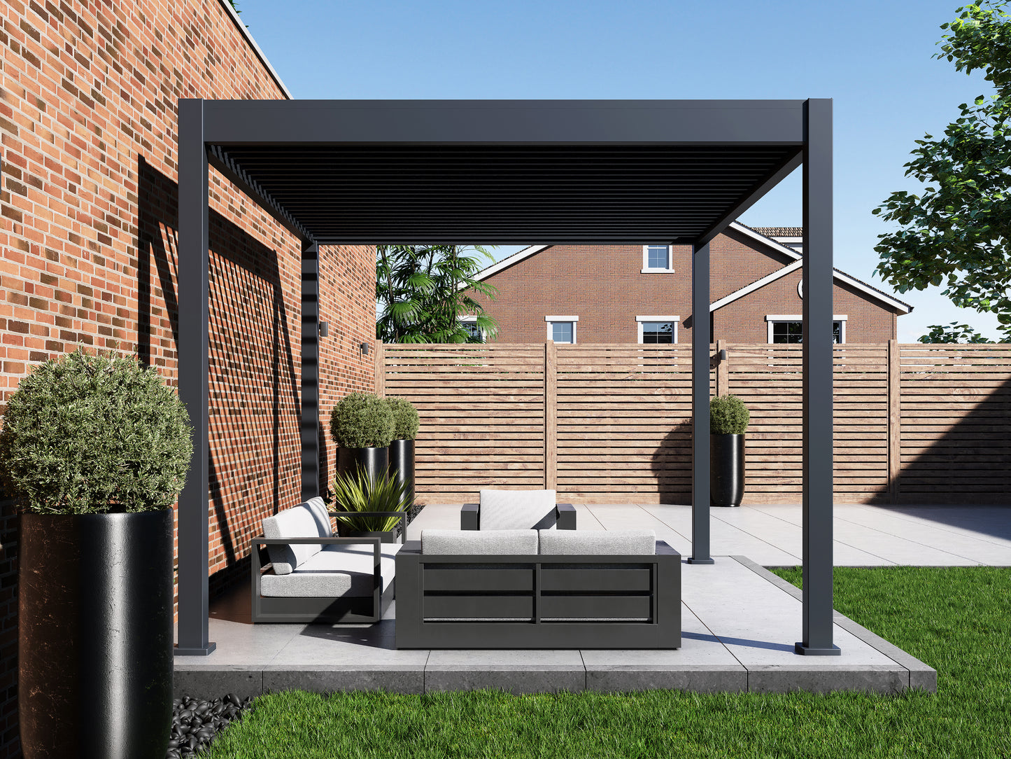 Grand Tuscan Louvered Pergola with Wind Screens