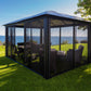 Side angle of the Siena Hard Top Gazebo with mosquito net sides in backyard overlooking the ocean.