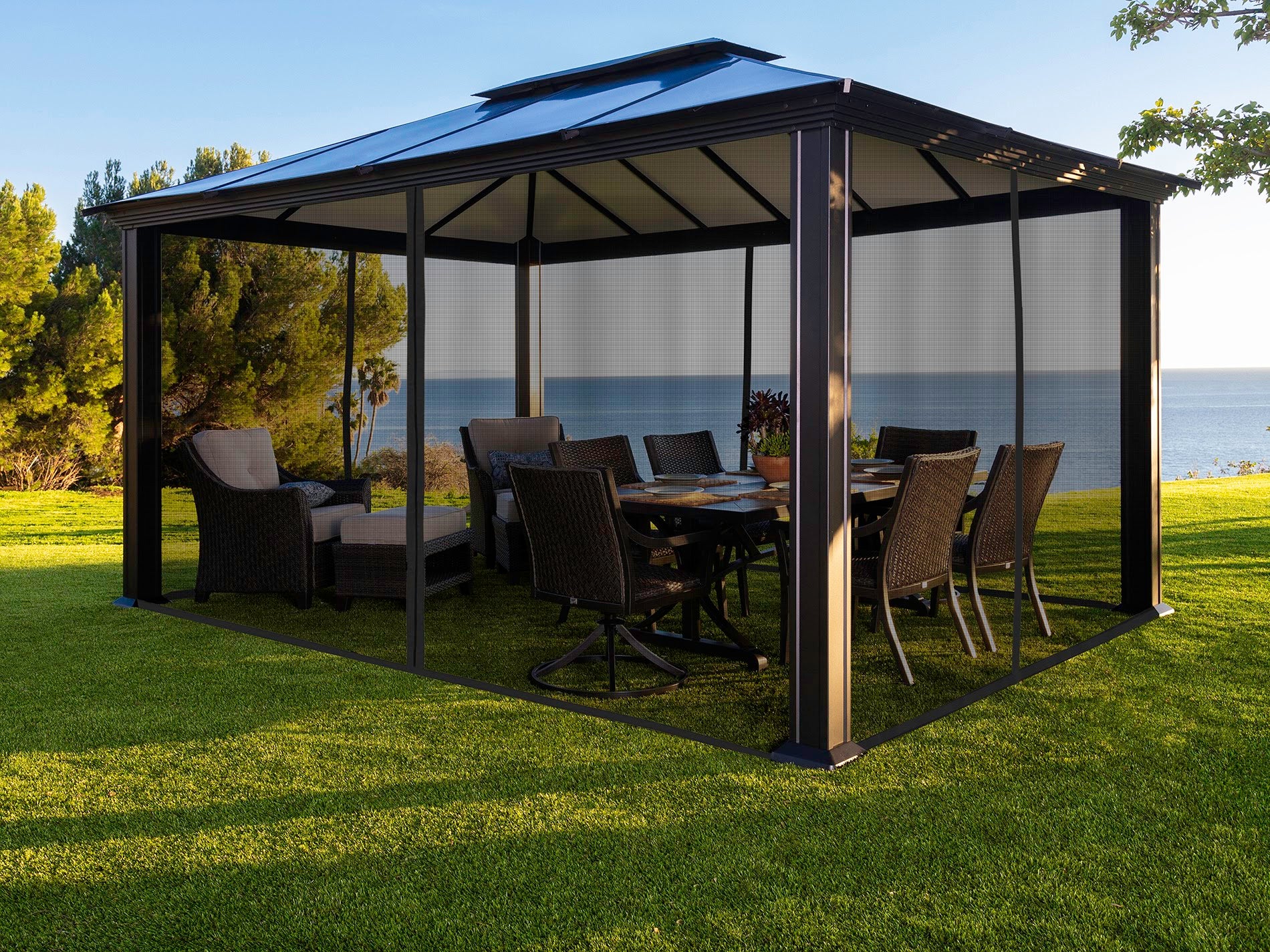 Santa Monica Hard Top Gazebo with Mosquito Netting accessory from side angle
