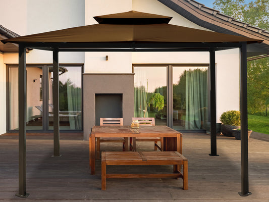 Barcelona Soft Top Gazebo in Cocoa on backyard deck with wooden table underneath.