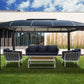 Cambridge Hard Top Gazebo on lawn behind a modern house and stylish navy and white patio furniture underneath.
